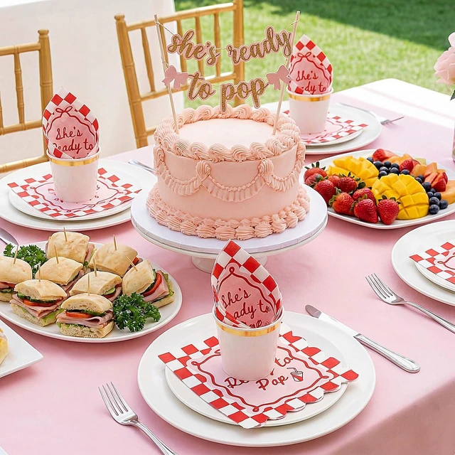 Alt view image 4 of 7 - 50 Pcs Baby Shower Napkin She's Ready to Pop 2-ply Scalloped Edged Dessert Napkins Folded 5 x 5 Inches Disposable Red Checkerboard Pattern Napkins for Gender Reveal Party Decorations