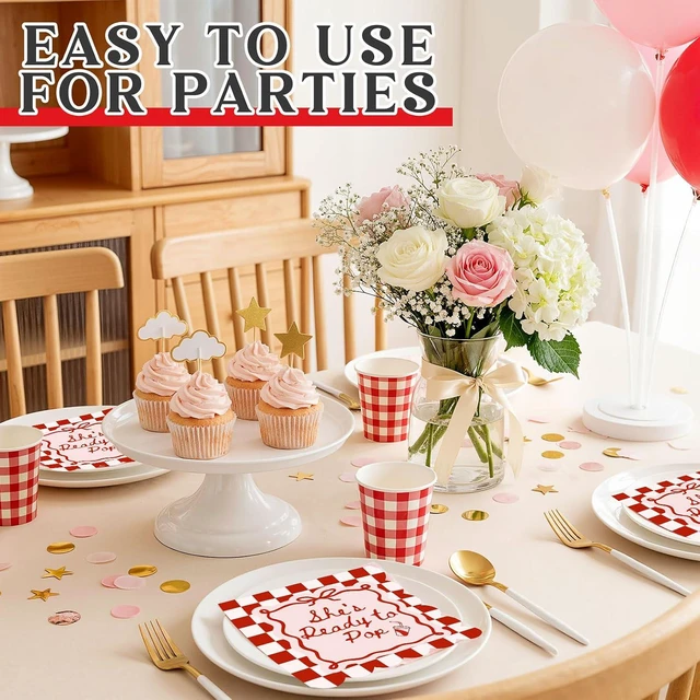 Alt view image 7 of 7 - 50 Pcs Baby Shower Napkin She's Ready to Pop 2-ply Scalloped Edged Dessert Napkins Folded 5 x 5 Inches Disposable Red Checkerboard Pattern Napkins for Gender Reveal Party Decorations