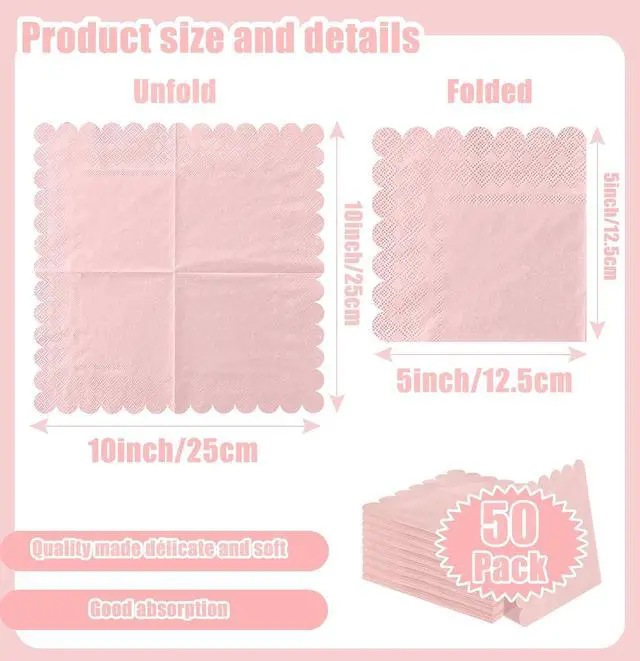 Alt view image 9 of 14 - SietDESEO 50 Pieces Light Pink Scalloped Napkins Disposable 3-Ply Pink Cocktail Napkins Paper Dinner Napkin for Birthday Baby Shower Wedding Party Beverage Napkin