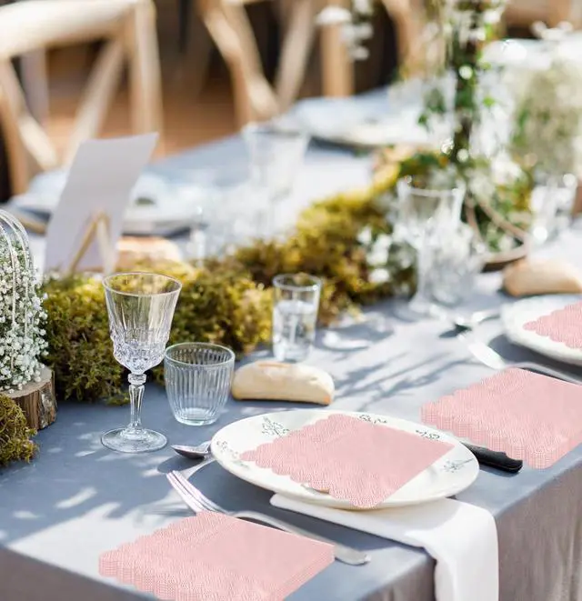 Alt view image 11 of 14 - SietDESEO 50 Pieces Light Pink Scalloped Napkins Disposable 3-Ply Pink Cocktail Napkins Paper Dinner Napkin for Birthday Baby Shower Wedding Party Beverage Napkin