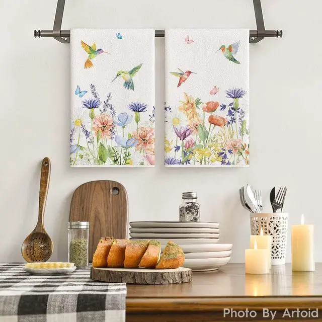 Alt view image 2 of 7 - Anemone Flower Hummingbird Kitchen Towels Dish Towels, 18x26 Inch Seasonal Spring Summer Wild Floral Holiday Decoration Hand Towels Set of 2