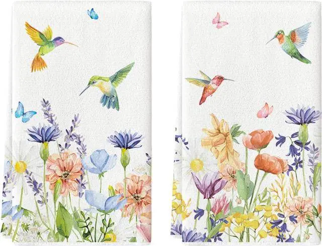 Main image of Anemone Flower Hummingbird Kitchen Towels Dish Towels, 18x26 Inch Seasonal Spring Summer Wild Floral Holiday Decoration Hand Towels Set of 2