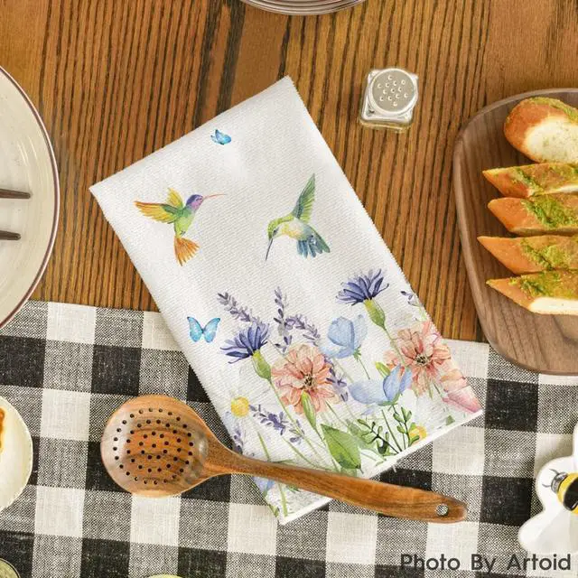 Alt view image 3 of 7 - Anemone Flower Hummingbird Kitchen Towels Dish Towels, 18x26 Inch Seasonal Spring Summer Wild Floral Holiday Decoration Hand Towels Set of 2