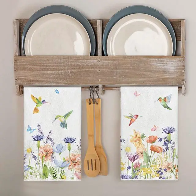 Alt view image 4 of 7 - Anemone Flower Hummingbird Kitchen Towels Dish Towels, 18x26 Inch Seasonal Spring Summer Wild Floral Holiday Decoration Hand Towels Set of 2