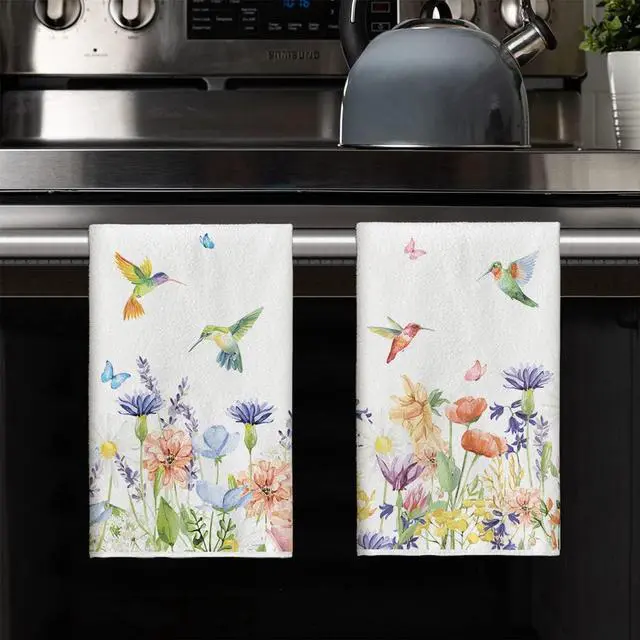 Alt view image 7 of 7 - Anemone Flower Hummingbird Kitchen Towels Dish Towels, 18x26 Inch Seasonal Spring Summer Wild Floral Holiday Decoration Hand Towels Set of 2