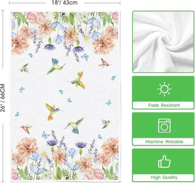Alt view image 6 of 7 - Anemone Flower Hummingbird Kitchen Towels Dish Towels, 18x26 Inch Seasonal Spring Summer Wild Floral Holiday Decoration Hand Towels Set of 2