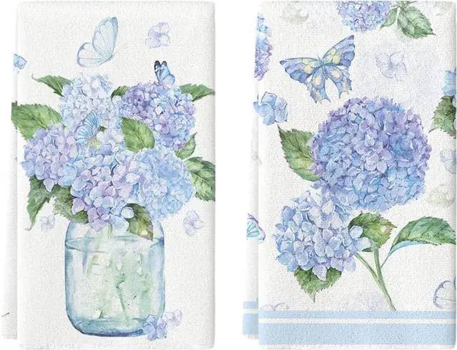 Main image of Hydrangea Vase Butterfly Spring Kitchen Towels Dish Towels, 18x26 Inch Summer Flowers Holiday Decoration Hand Towels Set of 2