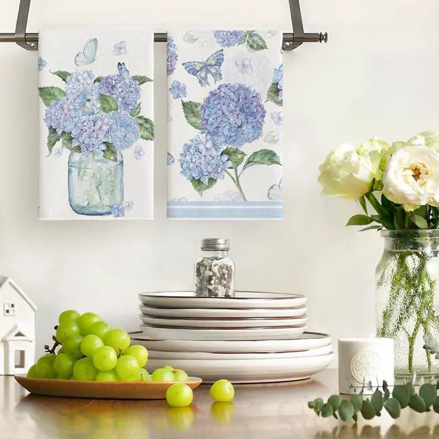 Alt view image 2 of 6 - Hydrangea Vase Butterfly Spring Kitchen Towels Dish Towels, 18x26 Inch Summer Flowers Holiday Decoration Hand Towels Set of 2