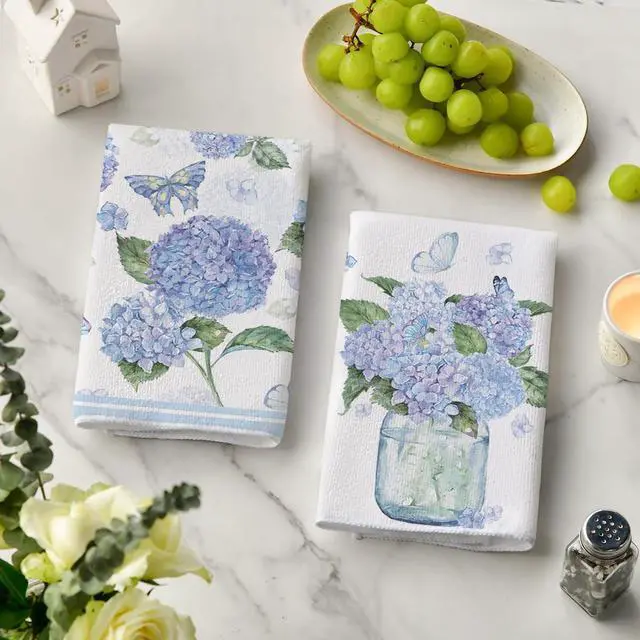 Alt view image 3 of 6 - Hydrangea Vase Butterfly Spring Kitchen Towels Dish Towels, 18x26 Inch Summer Flowers Holiday Decoration Hand Towels Set of 2