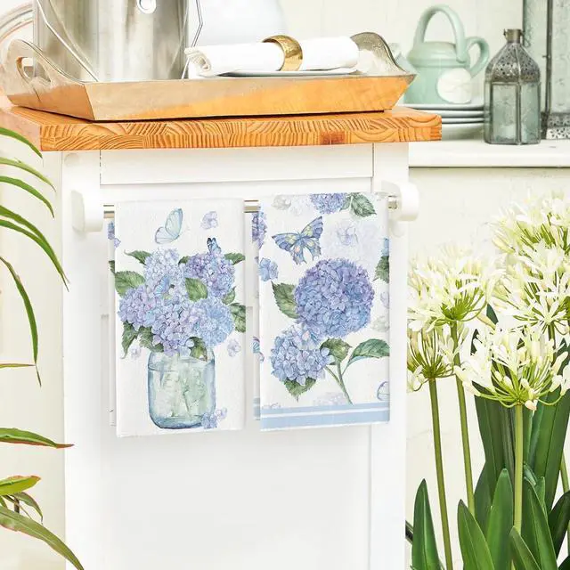Alt view image 4 of 6 - Hydrangea Vase Butterfly Spring Kitchen Towels Dish Towels, 18x26 Inch Summer Flowers Holiday Decoration Hand Towels Set of 2