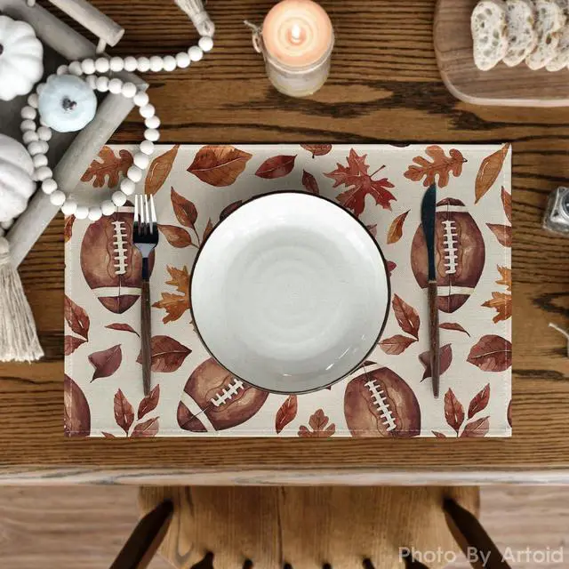 Alt view image 2 of 6 - Football Rugby Leaves Fall Placemats Set of 4, 12x18 Inch Seasonal Autumn Table Mats for Party Kitchen Dining Decoration