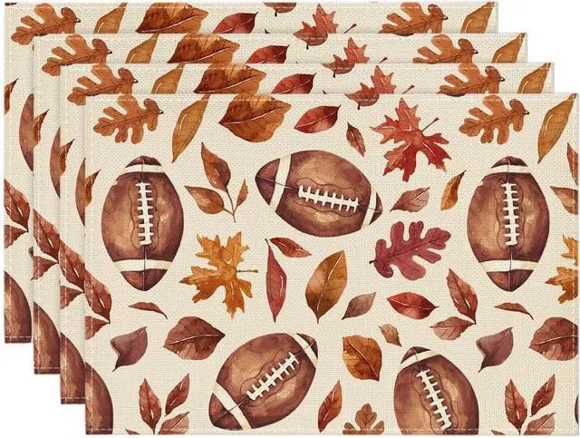 Main image of Football Rugby Leaves Fall Placemats Set of 4, 12x18 Inch Seasonal Autumn Table Mats for Party Kitchen Dining Decoration