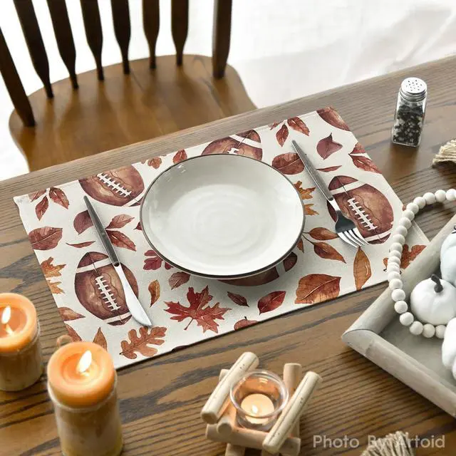 Alt view image 4 of 6 - Football Rugby Leaves Fall Placemats Set of 4, 12x18 Inch Seasonal Autumn Table Mats for Party Kitchen Dining Decoration