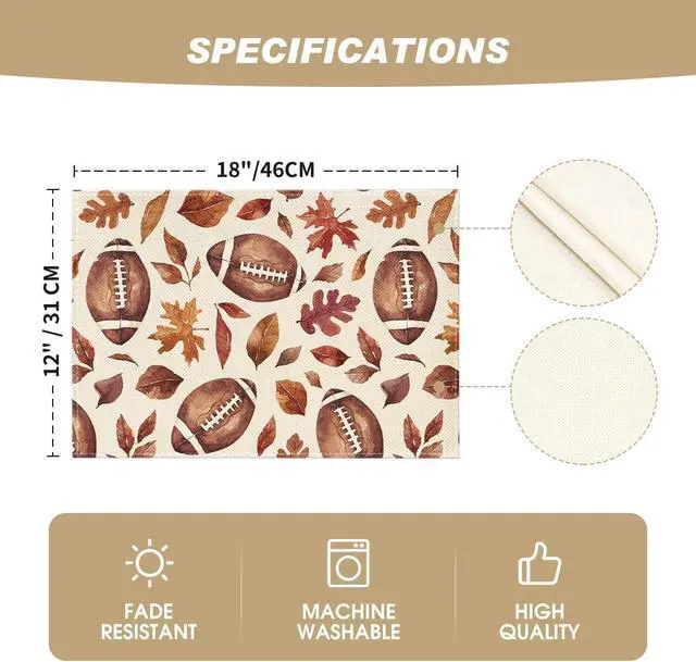 Alt view image 5 of 6 - Football Rugby Leaves Fall Placemats Set of 4, 12x18 Inch Seasonal Autumn Table Mats for Party Kitchen Dining Decoration