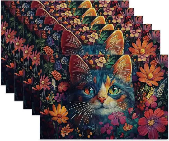 Main image of Blue Cat Cloth Placemats,Colorful Flower Heat-Resistant Table Placemats Set of 6, Washable Linen Place Mats for Dining Room Table Decor Home Restaurant Cafes Holiday Party 11.8x17.7 Inch