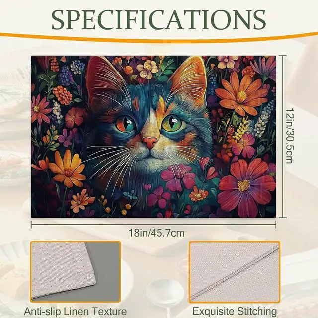 Alt view image 2 of 7 - Blue Cat Cloth Placemats,Colorful Flower Heat-Resistant Table Placemats Set of 6, Washable Linen Place Mats for Dining Room Table Decor Home Restaurant Cafes Holiday Party 11.8x17.7 Inch