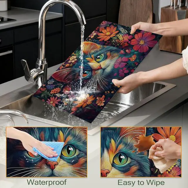 Alt view image 4 of 7 - Blue Cat Cloth Placemats,Colorful Flower Heat-Resistant Table Placemats Set of 6, Washable Linen Place Mats for Dining Room Table Decor Home Restaurant Cafes Holiday Party 11.8x17.7 Inch
