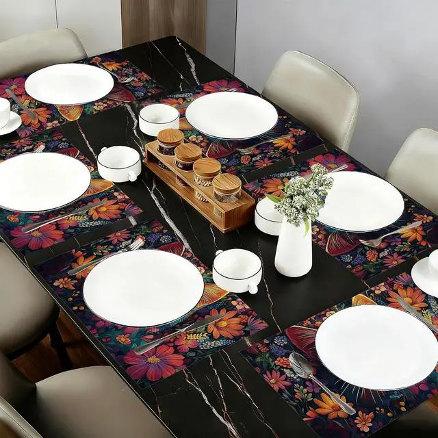 Alt view image 6 of 7 - Blue Cat Cloth Placemats,Colorful Flower Heat-Resistant Table Placemats Set of 6, Washable Linen Place Mats for Dining Room Table Decor Home Restaurant Cafes Holiday Party 11.8x17.7 Inch