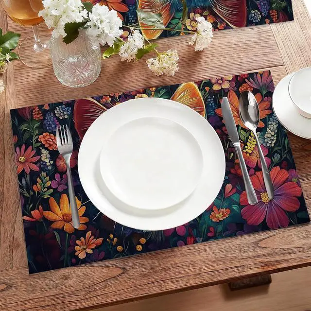 Alt view image 5 of 7 - Blue Cat Cloth Placemats,Colorful Flower Heat-Resistant Table Placemats Set of 6, Washable Linen Place Mats for Dining Room Table Decor Home Restaurant Cafes Holiday Party 11.8x17.7 Inch