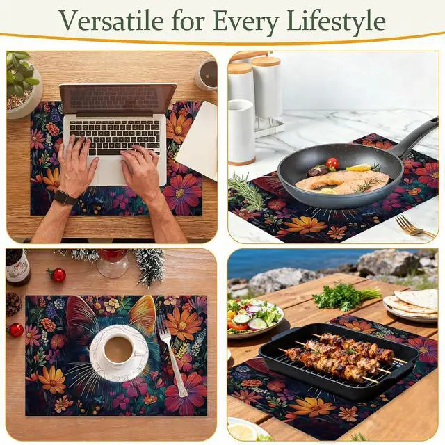 Alt view image 7 of 7 - Blue Cat Cloth Placemats,Colorful Flower Heat-Resistant Table Placemats Set of 6, Washable Linen Place Mats for Dining Room Table Decor Home Restaurant Cafes Holiday Party 11.8x17.7 Inch