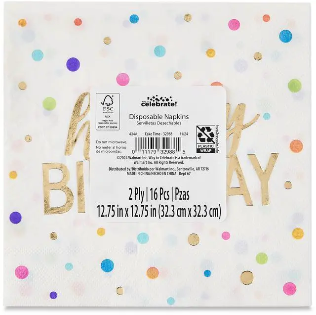 Main image of 6.5" x 6.5" Disposable Gold/White Happy Birthday Paper Napkins, 20 Count, by