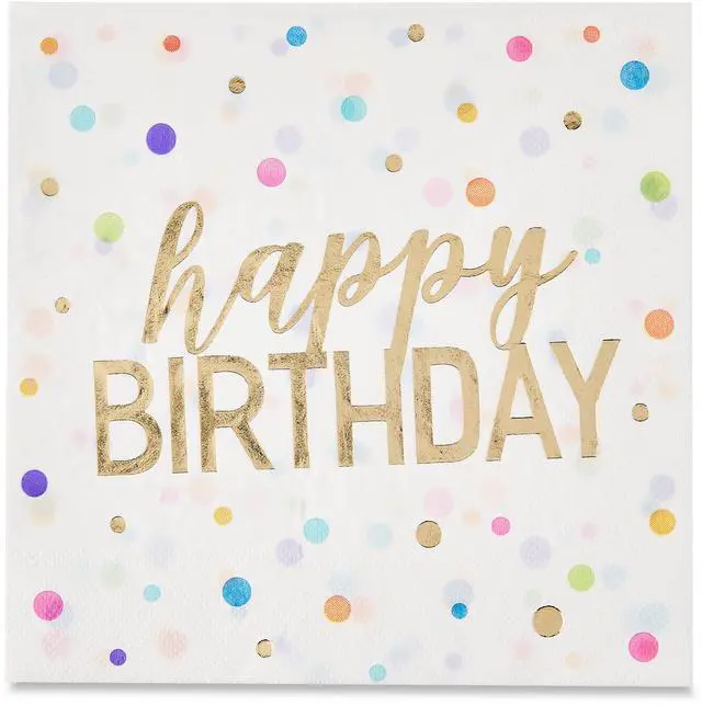 Alt view image 3 of 6 - 6.5" x 6.5" Disposable Gold/White Happy Birthday Paper Napkins, 20 Count, by