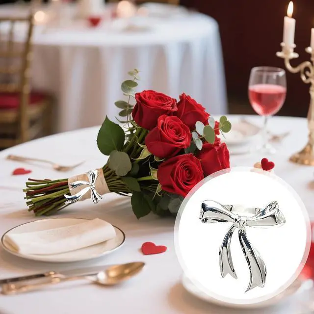 Alt view image 6 of 7 - Silver Bow Napkin Rings Set of 6 Metal Bow Napkin Ring Holders for Valentine Day Wedding Banquet Decor,Elegant Butterfly Knot Napkin Rings for Holiday Party Birthday Dining Table Setting