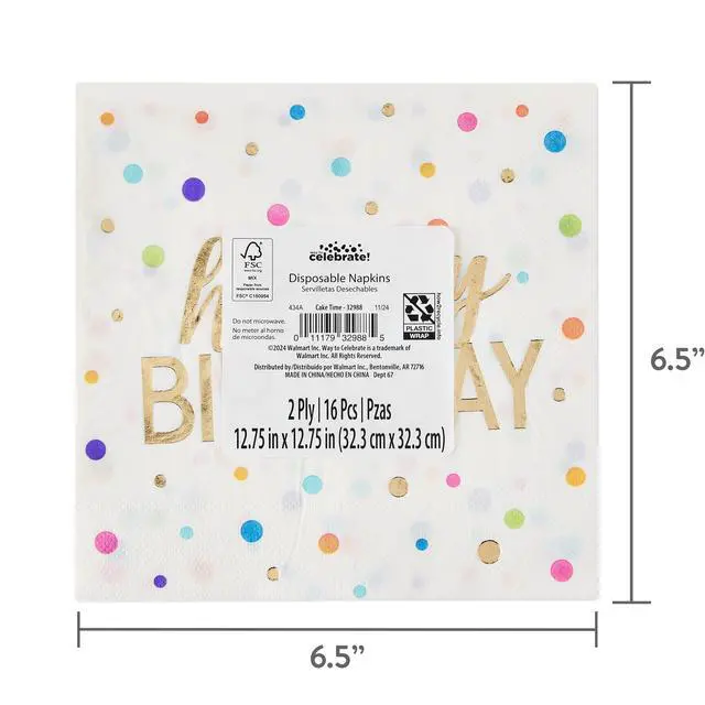 Alt view image 6 of 6 - 6.5" x 6.5" Disposable Gold/White Happy Birthday Paper Napkins, 20 Count, by