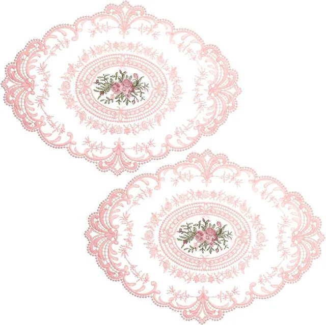 Main image of 2Pcs Pink Retro Lace Placemats, 12'' x 16'' French Lace Doilies for Tables Oval Embroidered Table Place Mats Farmhouse Coasters Cup Mat for Wedding Home Table Decor (Pink)