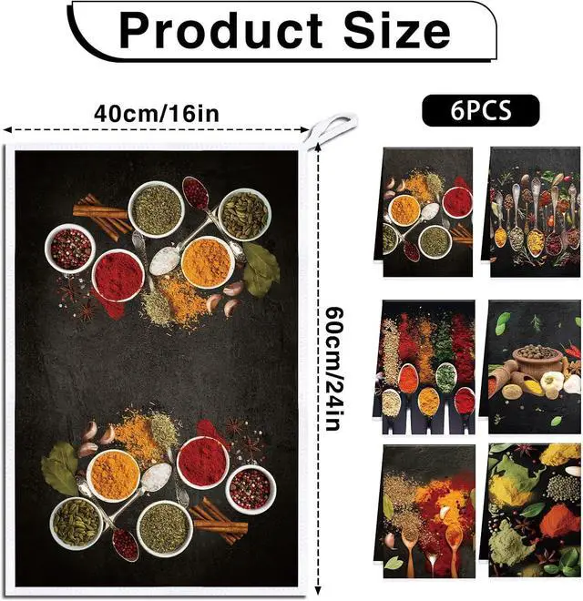 Alt view image 2 of 6 - Spices Kitchen Towels Set of 6, Colorful Herbs Spices Dish Towels | Microfiber Kitchen Hand Towel, Home Farmhouse Cleaning Decoration Baking Tea Dish Cloth Housewarming Gifts