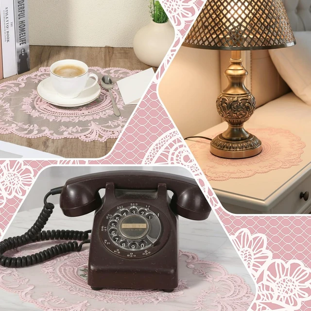 Alt view image 6 of 7 - 2Pcs Pink Retro Lace Placemats, 12'' x 16'' French Lace Doilies for Tables Oval Embroidered Table Place Mats Farmhouse Coasters Cup Mat for Wedding Home Table Decor (Pink)