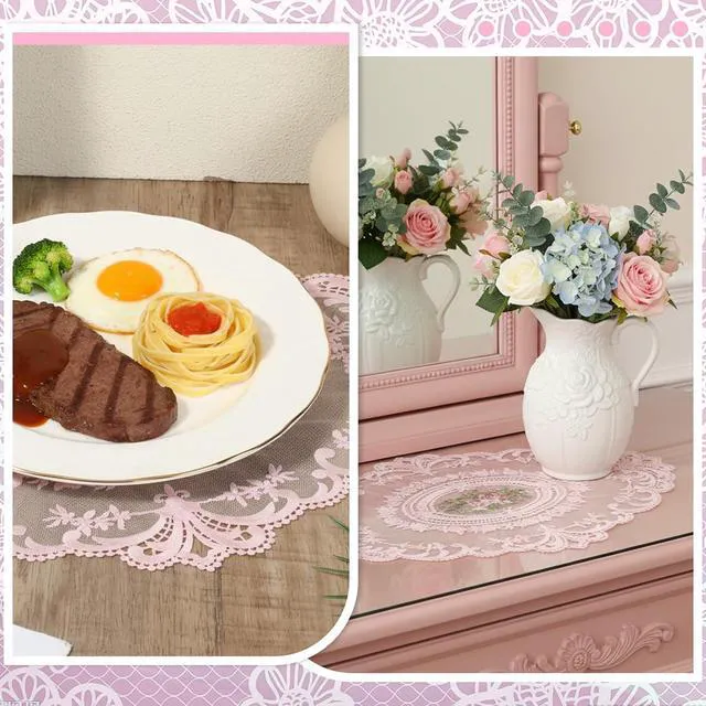 Alt view image 7 of 7 - 2Pcs Pink Retro Lace Placemats, 12'' x 16'' French Lace Doilies for Tables Oval Embroidered Table Place Mats Farmhouse Coasters Cup Mat for Wedding Home Table Decor (Pink)