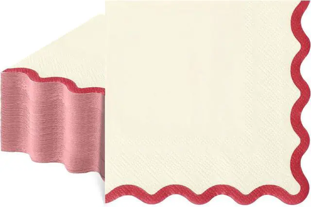 Main image of 80 Pcs Red and White Napkins, 3 Ply Red Scalloped Cocktail Napkins