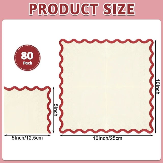 Alt view image 2 of 7 - 80 Pcs Red and White Napkins, 3 Ply Red Scalloped Cocktail Napkins
