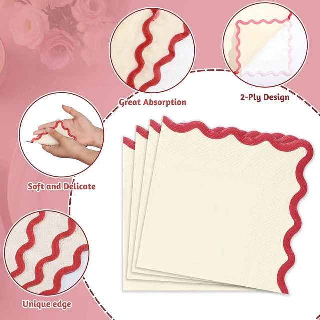 Alt view image 3 of 7 - 80 Pcs Red and White Napkins, 3 Ply Red Scalloped Cocktail Napkins