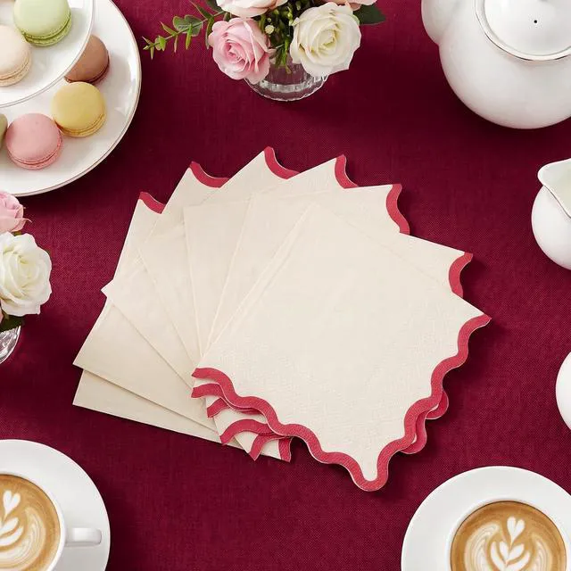 Alt view image 4 of 7 - 80 Pcs Red and White Napkins, 3 Ply Red Scalloped Cocktail Napkins