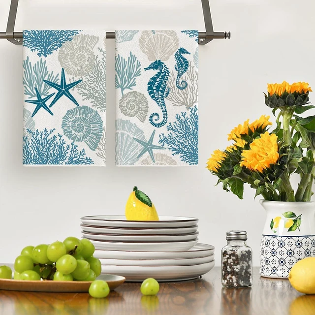 Alt view image 2 of 6 - Starfish Seahorses Coral Summer Kitchen Towels Dish Towels, 18x26 Inch Seasonal Summer Decoration Hand Towels Set of 2