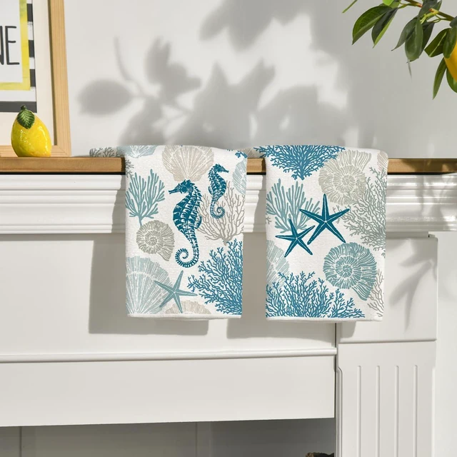 Alt view image 3 of 6 - Starfish Seahorses Coral Summer Kitchen Towels Dish Towels, 18x26 Inch Seasonal Summer Decoration Hand Towels Set of 2