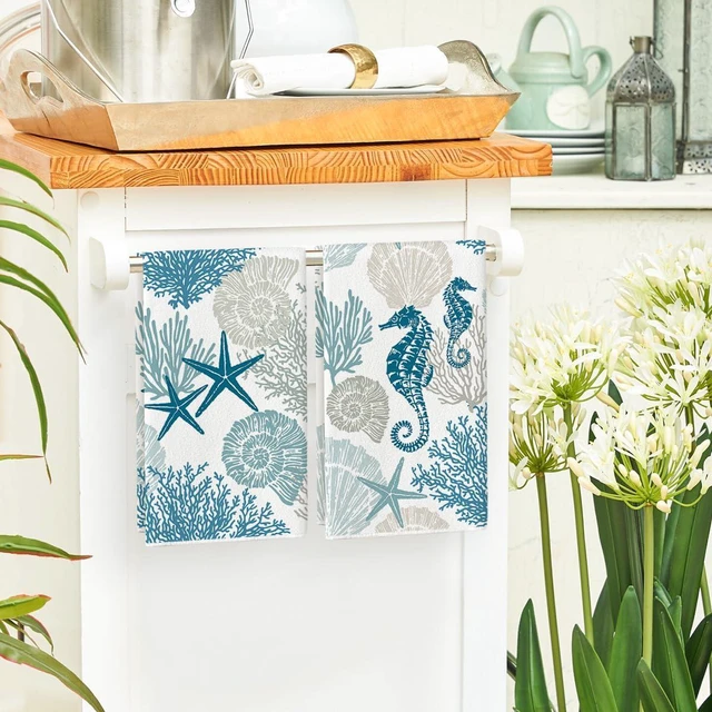 Alt view image 4 of 6 - Starfish Seahorses Coral Summer Kitchen Towels Dish Towels, 18x26 Inch Seasonal Summer Decoration Hand Towels Set of 2
