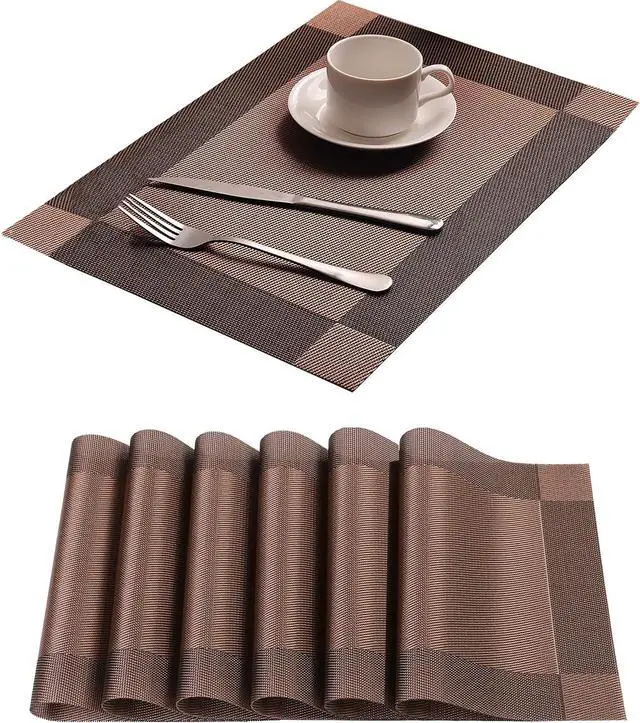 Main image of Table Placemats Dining Table Place Mats Set of 6 Heat Resistant Insulation Non-Slip Vinyl for Kitchen Dining Room 18" * 12" Brown