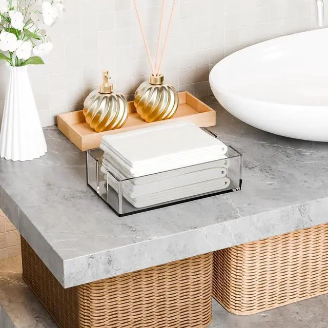 Alt view image 6 of 7 - Yieach Bathroom Paper Towel Holder,9 Inch Modern Acrylic Napkin Holder fo r Disposable Guest Towel,Clear Hand Towel Tray,Flat Napkin Holders for Paper Bapkins,Napkin Dispenser for Home,Hotel,Office