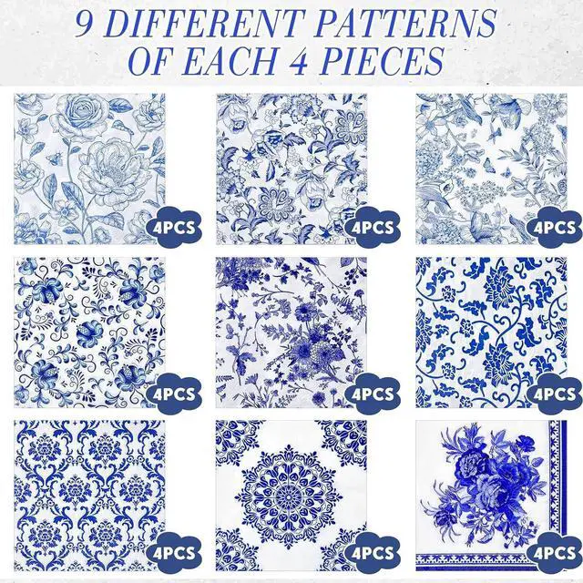 Alt view image 6 of 6 - 36 Pack 9 Styles Decoupage Napkins Blue White Chinoiserie 13 Inch