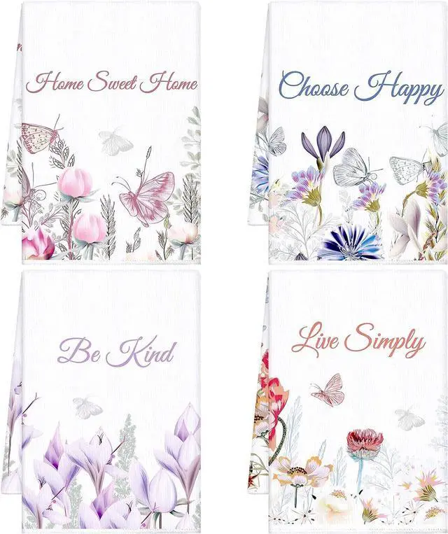 Main image of 4 Pieces Spring Floral Kitchen Towels Flower Butterfly Dish Bath Towels Decorative Absorbent Hand Reusable Soft Tea Cloths for Bathroom Wildflower Dish Cloths with Sayings for Drying