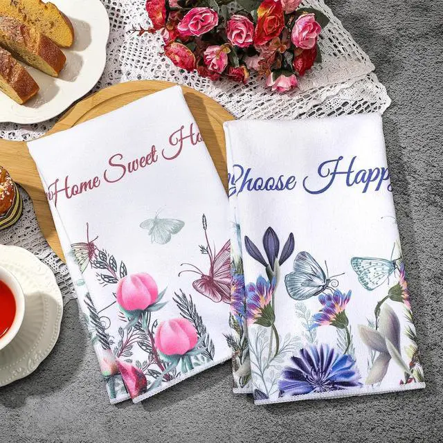 Alt view image 5 of 7 - 4 Pieces Spring Floral Kitchen Towels Flower Butterfly Dish Bath Towels Decorative Absorbent Hand Reusable Soft Tea Cloths for Bathroom Wildflower Dish Cloths with Sayings for Drying