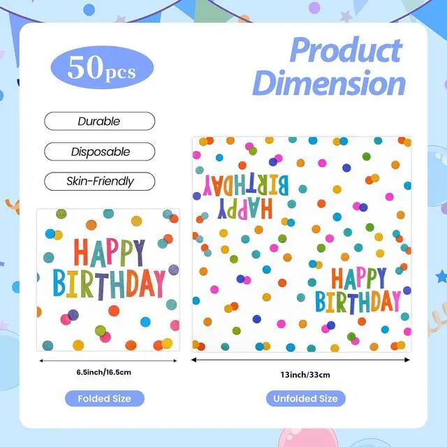 Alt view image 2 of 7 - 50PCS Happy Birthday Paper Napkins 13 x 13 Inches Luncheon Napkins Cocktail Napkins Disposable Colourful Dots Theme Decorations Supplies for Kids Birthday, Baby Shower Party