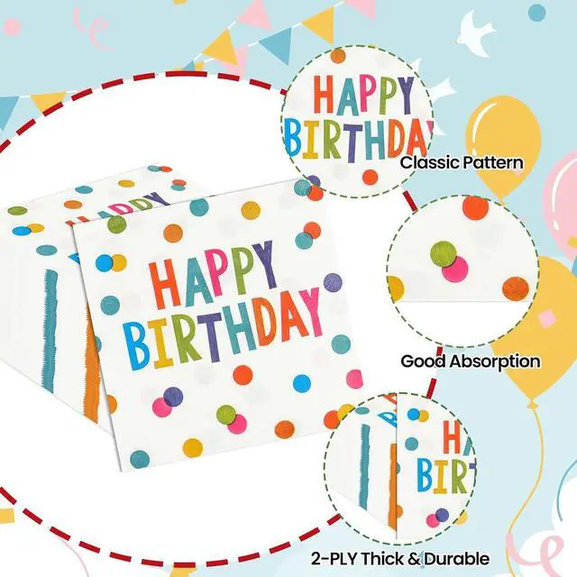 Alt view image 3 of 7 - 50PCS Happy Birthday Paper Napkins 13 x 13 Inches Luncheon Napkins Cocktail Napkins Disposable Colourful Dots Theme Decorations Supplies for Kids Birthday, Baby Shower Party