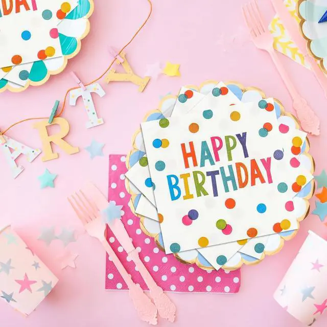 Alt view image 4 of 7 - 50PCS Happy Birthday Paper Napkins 13 x 13 Inches Luncheon Napkins Cocktail Napkins Disposable Colourful Dots Theme Decorations Supplies for Kids Birthday, Baby Shower Party