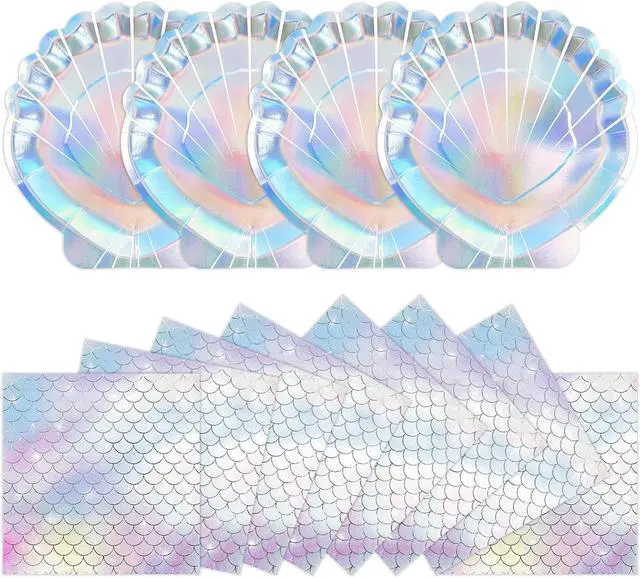 Main image of 40 Pcs Iridescent Mermaid Plates and Napkins Party Supplies, Seashell Disposable Paper Plates and Napkins Tableware Set for Mermaid Baby Shower Birthday Party Decorations Serves 20