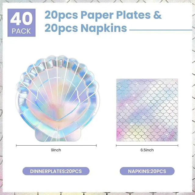 Alt view image 2 of 7 - 40 Pcs Iridescent Mermaid Plates and Napkins Party Supplies, Seashell Disposable Paper Plates and Napkins Tableware Set for Mermaid Baby Shower Birthday Party Decorations Serves 20