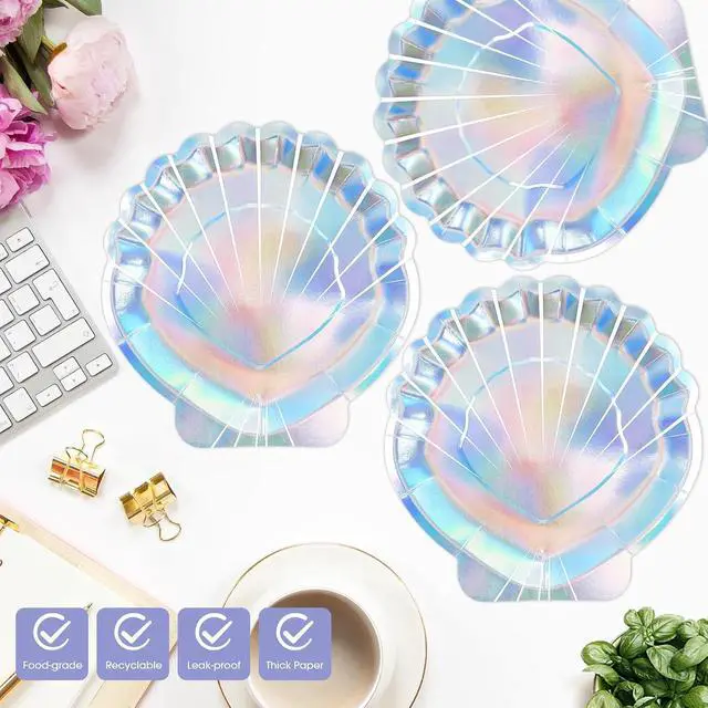 Alt view image 3 of 7 - 40 Pcs Iridescent Mermaid Plates and Napkins Party Supplies, Seashell Disposable Paper Plates and Napkins Tableware Set for Mermaid Baby Shower Birthday Party Decorations Serves 20